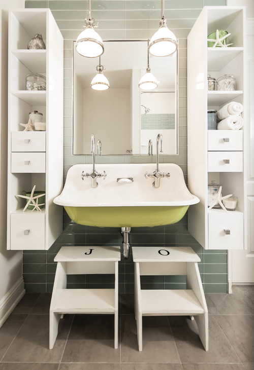 Kid's Bathroom with White Wall Bathroom Cabinets and Monogrammed Step Stools Stone Faucet Blue Furniture Search Close Farmhouse Gray Close Search Drawer Classic Unit Decor Plumbing Pulls Corner Shelf
